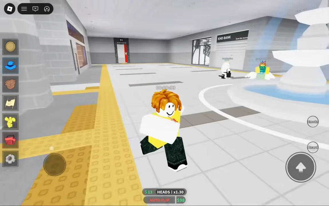 Player flipping a coin near the Pancake Station fountain with a HEADS result and money balance.