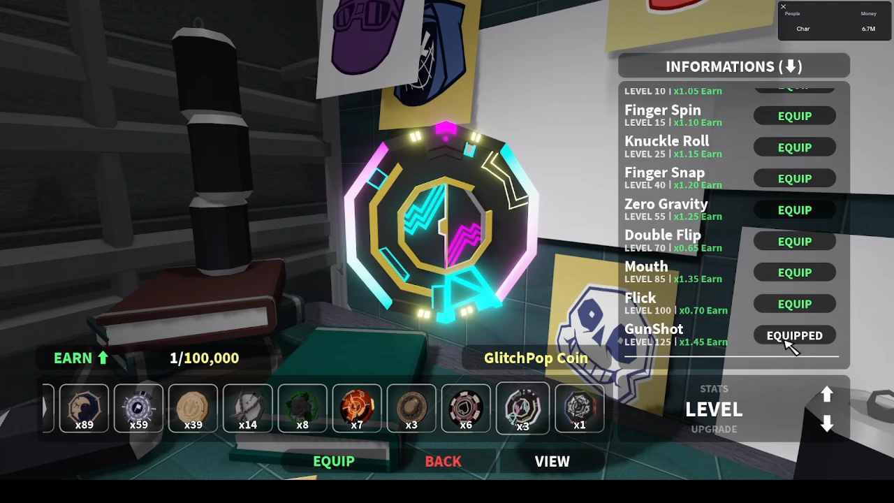 GlitchPop Coin with a 1/100,000 label while the Level list shows different Earn multipliers and GunShot equipped.