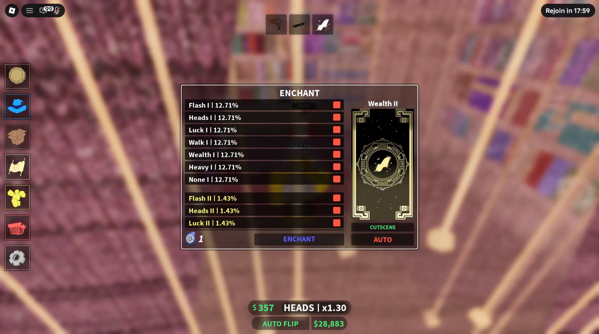 ENCHANT panel shows Wealth II, one material and separate ENCHANT and AUTO controls.