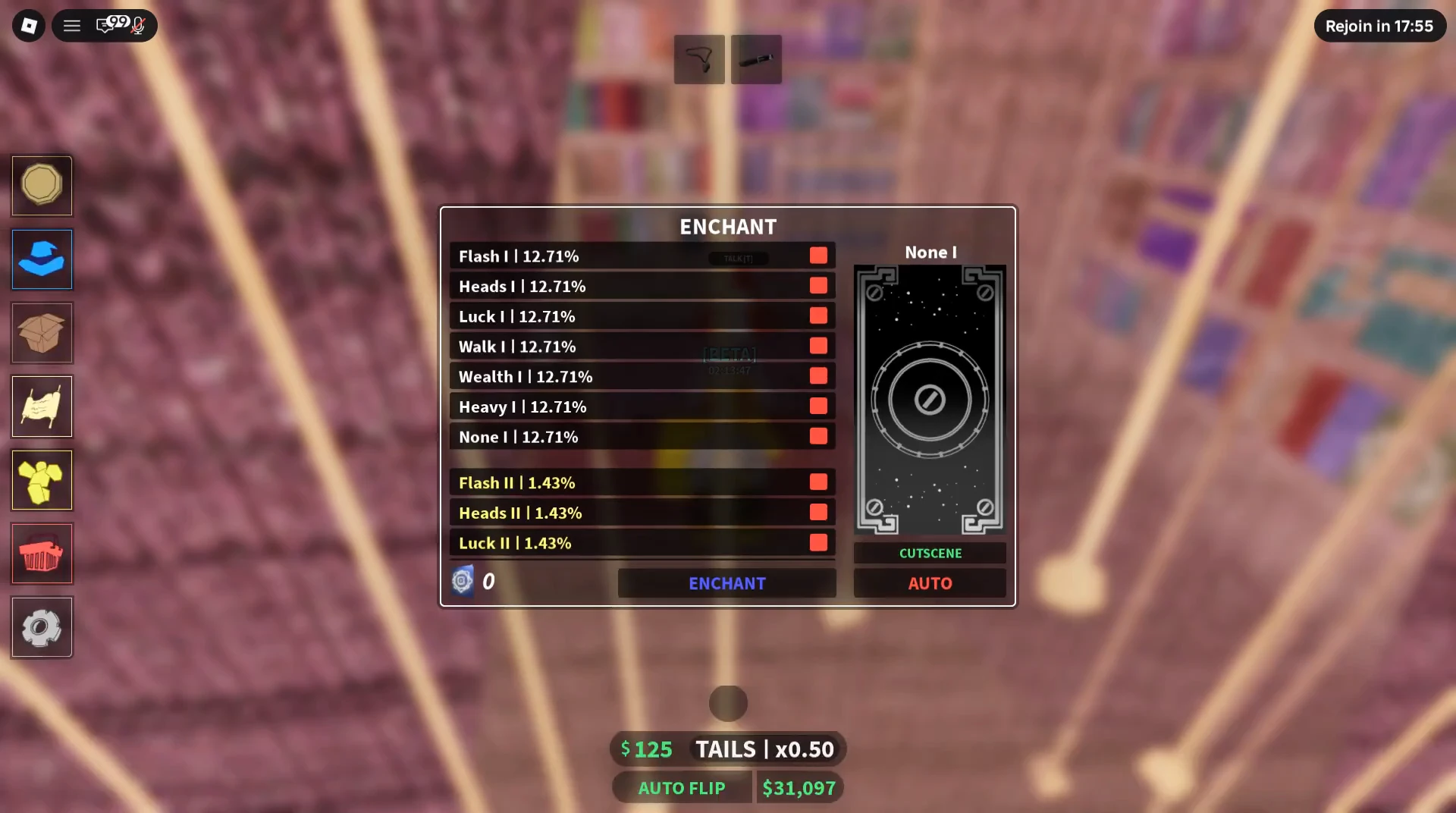 ENCHANT panel now reads None I and the material count is zero.