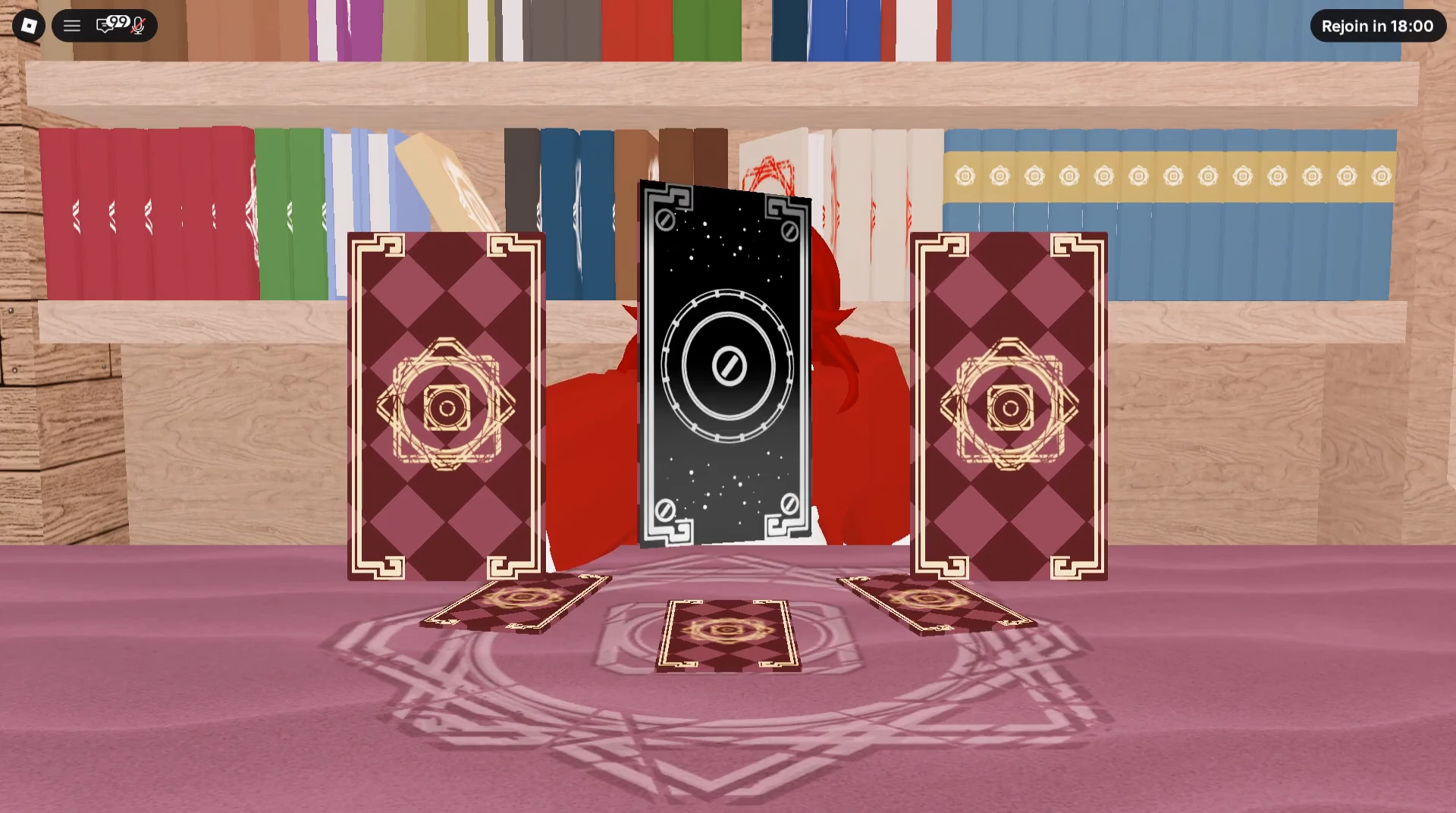 Black card with a barred-circle symbol revealed in front of the library bookshelves.