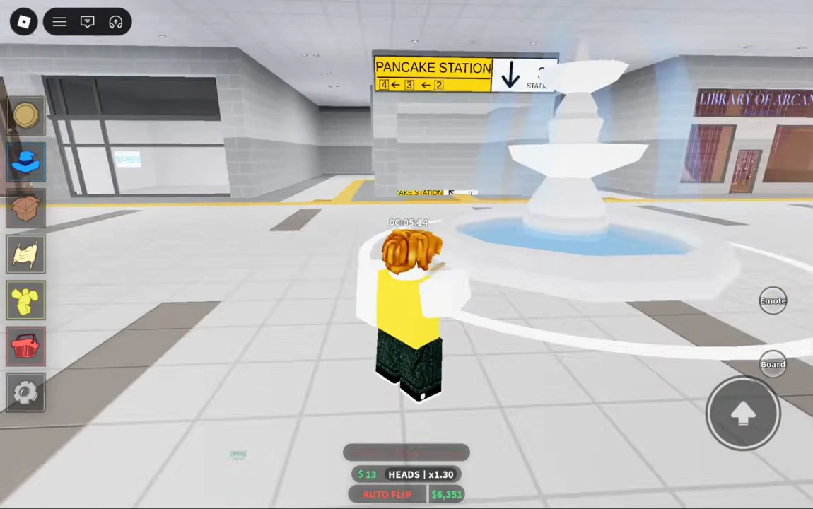 White fountain inside Pancake Station with a yellow station sign and Library of Arcana in view.