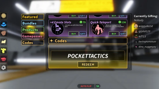 Codes menu and Redeem button in the shop